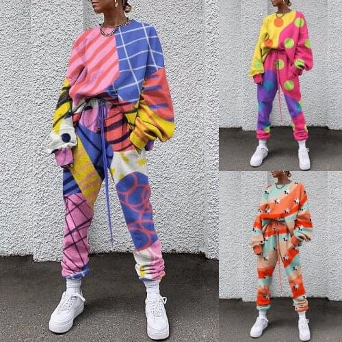 Women Tracksuits Wives Spring 2021 Casual Loose Stylish Print Hipster Hoodies Sweater Pants Suit Female Oversize 2 Piece Sets