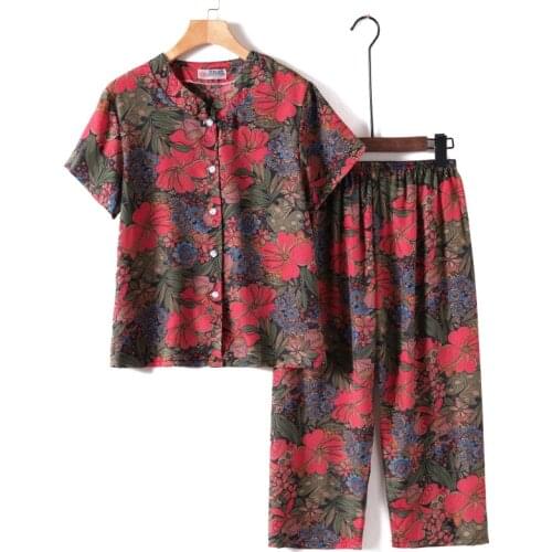Middle-aged and Elderly Womens Suits Summer Short Sleeve T-shirt Top & Wide Leg Pants 2 Pcs Sets Pants Suit Home Service K158