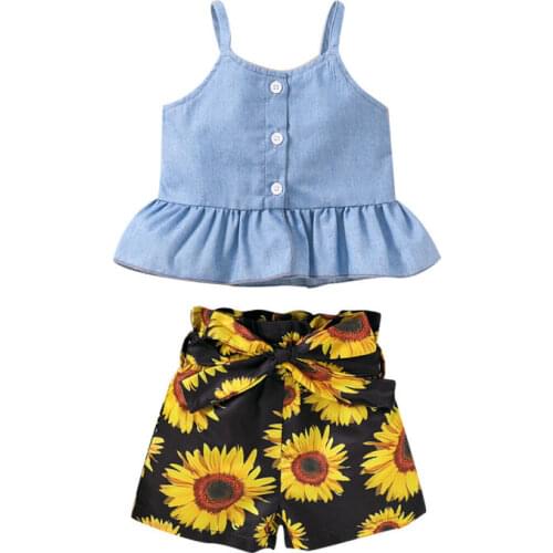 Citgeett Summer Toddler Kids Baby Girls Sleeveless Denim Tops Sunflower Shorts Outfits Set Clothes