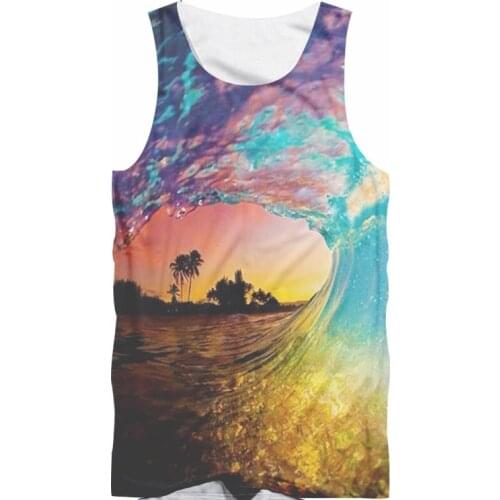 Summer time Sleeveless Tank Tops Mens Casual surf Tank Top 3D Print Sea wave Palm tree Vacation Vest Fashion Men women Vest
