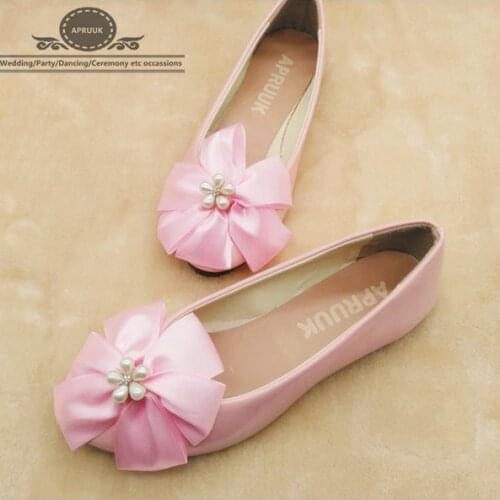 Sweet pink flower party girls flats shoes woman plus size slip on handmade bridal brides flats shoes pink