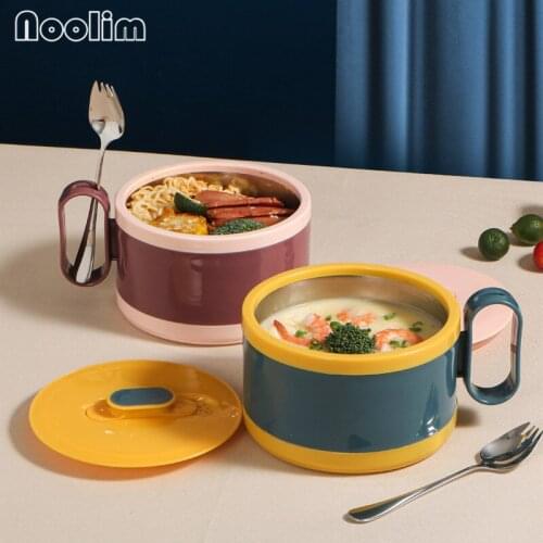 304 Stainless Steel Instant Noodle Bowl Double Layer Portable Lunchbox Bento Box with Lid Induction Cooker Soup Bowl Tableware