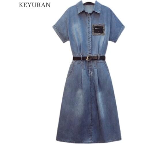 New Women Denim Dresses Summer Casual Single Breasted Diamond Loose Long Dress Female lapel Short sleeve Plus Size Dress Vestido