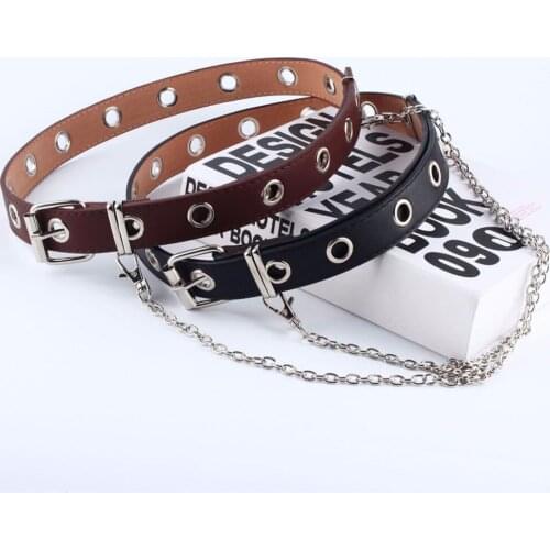 New Fashion Women Punk Chain Fashion Belt Adjustable Black Double/Single Eyelet Grommet Leather Buckle Belt