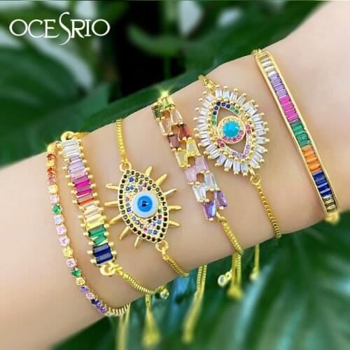 OCESRIO Fashion Rainbow Blue Evil Eye Charm Bracelet & Bangles Zircon CZ Gold Adjustable Bracelet Set for Women Jewelry brt-b54