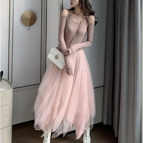 Long sleeve Mesh patchwork basic spaghetti strap Dress For Women 2020 Spring Tulle Elastic Lace Vest Summer Dress Female