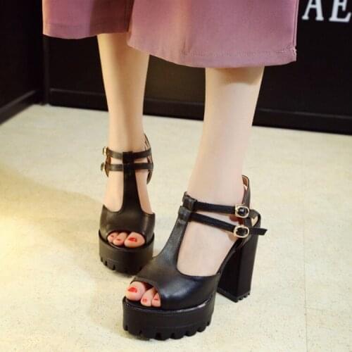 PXELENA Trendy Thick Platform Punk Sandals Women Vintage Peep Toe T tied Square Chunky Block High Heels Sandals Lady Dress Shoes