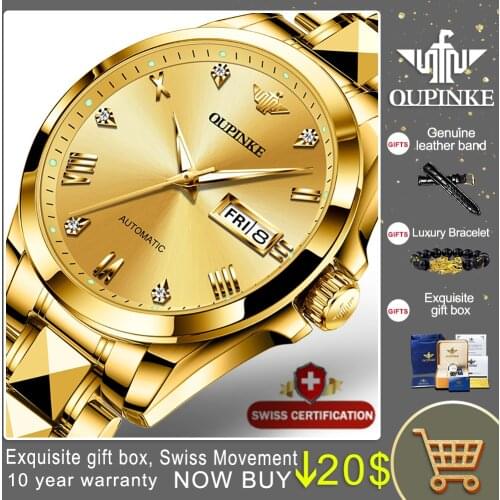 OUPINKE 2021 Luxury Men Mechanical Wristwatch Stainless Steel Gold Watch Top Brand Sapphire Glass Swiss Men Watches Gifts 3171