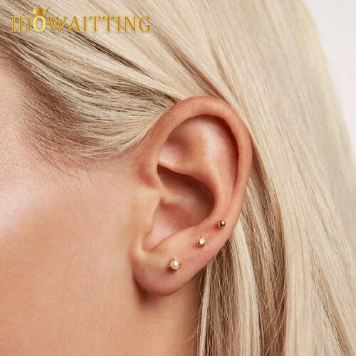925 Sterling Silver Minimal Delicate Mini Small Round Ball CZ Pearl Stud Earrings For Women Multi Piercing Set Of 3 Pcs Earring