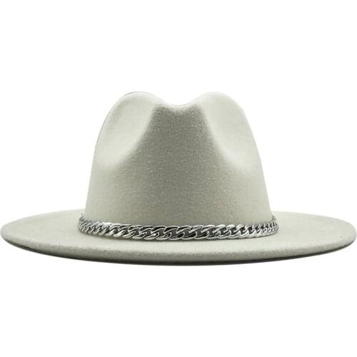 Quality Wide Brim Fedora Hat Women Men Imitation Wool Felt Hats with Metal Chain Decor Panama Fedoras Chapeau Sombrero 58-60CM