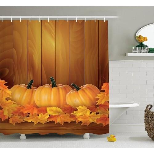 Harvest Shower Curtain Squash Vegetables Pumpkins and Wooden Planks Fallen Dry Maple Leaves Bathroom Waterproof Curtains