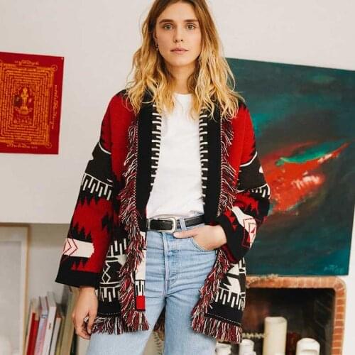 Flordevida Jacquard Cashmere Sweater Cardigan Women Long Sleeve Winter Wool Outerwear Tassel Chic Female oversized cardigans