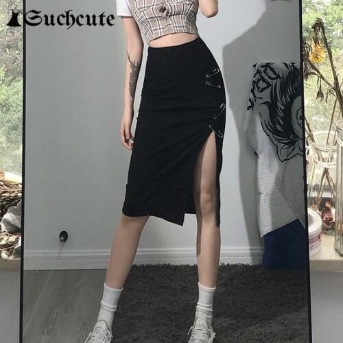 SUCHCUTE Gothic Skinny Women Skirts Harajuku Pin Split Vintage Black Sexy Long Skirts Hight Waist Summer Street Wear Outfits