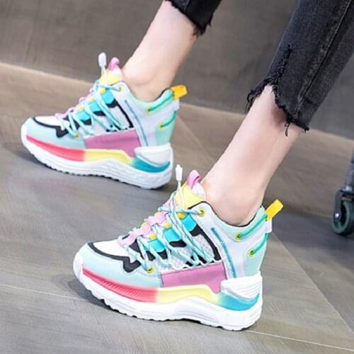 Spring Autumn New Height Increasing Wedges Cross-tied Slim Mixed Colors Mesh Genuine Leather Women Casual Sneakers Shoes