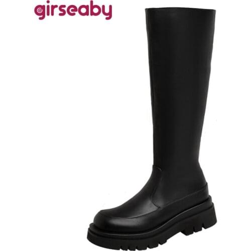 Girseaby Women Mortorcycle Ridding Knee High Chunky Boots Zip Round Toe Thick Bottom Platform Winter Warm Ladies Footwear S2491
