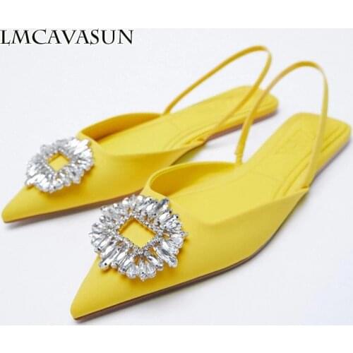 LMCAVASUN ZA Womens Shoes 2021 Summer New Yellow Rhinestone Buckle Slingbacks Shoes Pointed Toe Flat Elegant Wedding Shoes