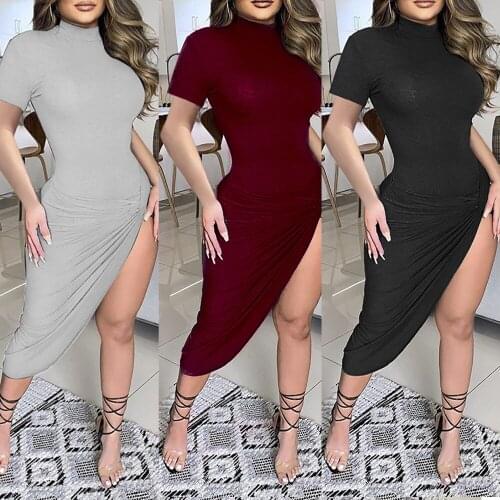 2021 Summer Sexy Black Side Split Bodycon Midi Dresses Short Sleeve for Women Solid O Neck Night Party Wear Skinny Dress