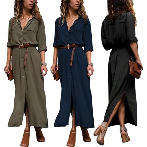 Ladies Solid Color Long Sleeve Single-breasted Split Swing Shirt Loose Casual Dress (S-3XL) [With Belt]