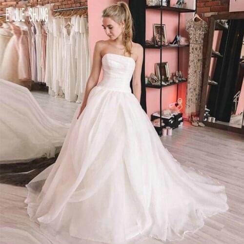 E JUE SHUNG Elegant Organza Wedding Gowns Strapless Zipper Back A-line Cheap White Ivory Wedding Dresses vestidos de noiva