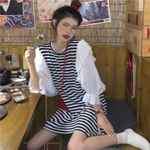 Preppy Style Striped Puff Sleeve Loose Short Dresses for Women Ruffles Fashion Casual Dress Fashion Korean Female Clothing