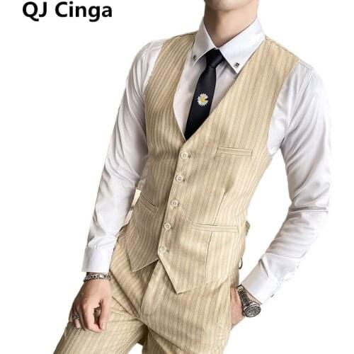 Single Breasted V Neck Sleeveless Jacket Vest and Trousers Men Striped 2 Piece Set Wedding/party Waistcoat Trousers Yellow Pink