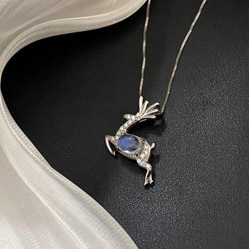 2021 New 925 Sterling Silver Box Chain Necklace For Women Moonstone Deer Elk Charm Pendent Christmas Choker Jewelry dz617