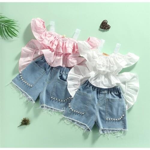 2021 2-7Y Fashion Kids Baby Girl Clothing Set Ruffle Layered Off Shoulder Short Sleeve Dress+Pearls Denim Shorts Princess 2pcs