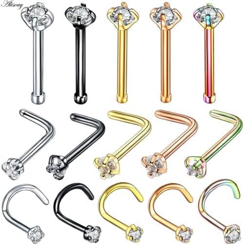 Alisouy 1PC G23 Titanium Crystal Gem Nose Stud Piercing Rose Gold Nose Screw Nazir Piercing Nostril Earring Piercing Jewelry 20G
