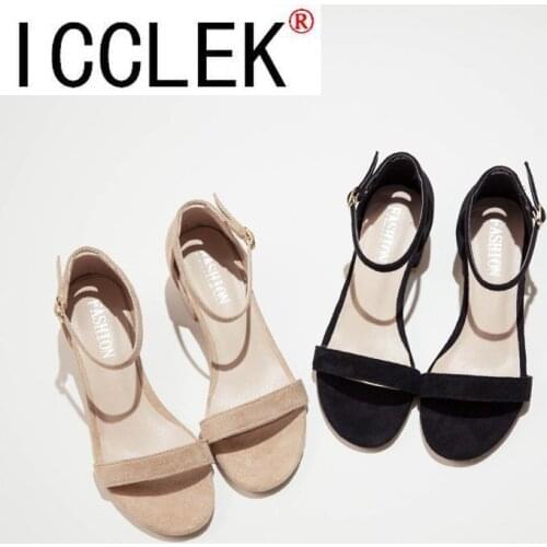 Flock Beige High Heels Sandals Women 2020 Summer Shoes Women Fashion Open Toe Buckle Sandals Casual Square Heel Female Shoes
