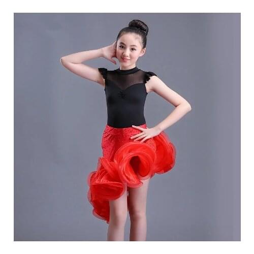 Kids Ballroom Dance Wear Salsa Tango Rumba Samba Costume lace children professional latin dance dress for girls flamengo skirt