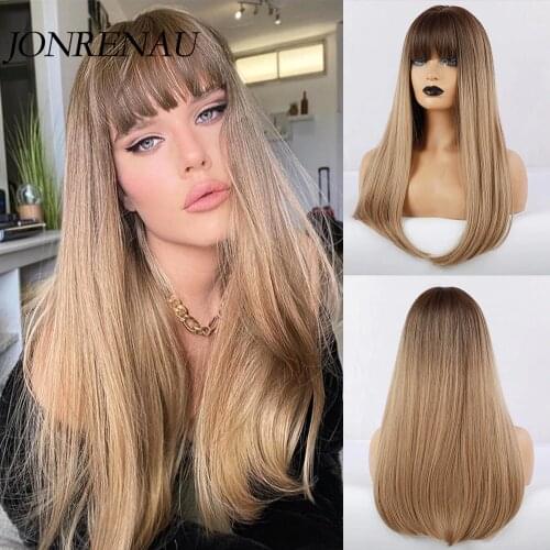 JONRENAU Syntheic Brown Ombre medium blonde Wig for Black White Women Natural straight Wigs with bangs Heat Resistant Fiber
