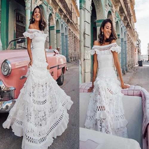 WYBLZ Fashion Hollow Swing Lace Dress Women Elegant Beach Holiday Summer Dresses Party Sweet Crochet Rose Flower White Vestidos