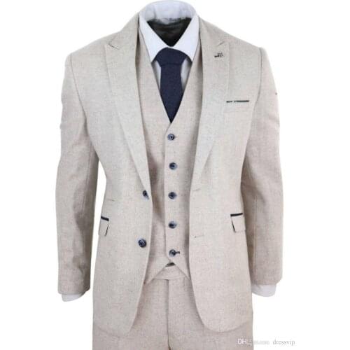 Mens Cream Vintage 3 Piece Suits Peaky Blinders Suit Cream Retro Wool Tweed Suit Jacket Vest Pants Custom Made Wedding Tuxedos