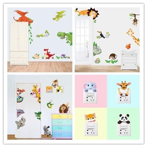Cartoon animals wall art stickers for kids room wall decals bedroom home door decoration diy gift switch