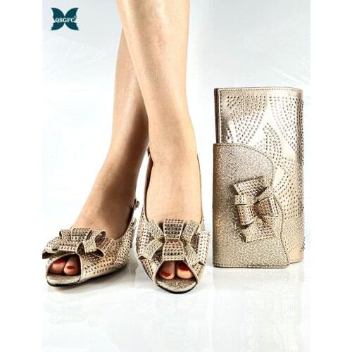 2021 Nigerian New Arrival Italian Design Champange Color Speical Narrow Band and Cross-tied Style Party Women Shoes and Bag Set