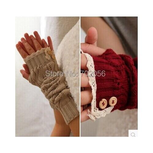 Solid Lace knitted Fingerless Gloves Ballet Dance button glove burn out long Arm Warmers Fashion 7 colors #3706