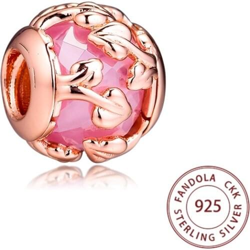 Genuine 925 Sterling Silver Pink Decorative Leaves Crystal Charms Beads for Jewelry Making Fits Europe Bracelet Argent 925 Charm