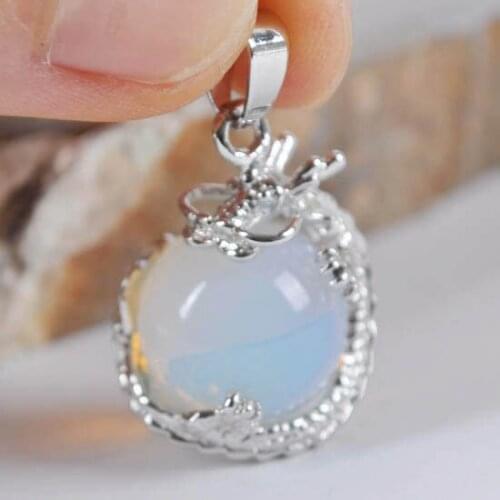 Dragon Pendant Natural Stone 16MM Round Bead White Opal Fit Necklace For Men Women Jewelry Gift Earrings Gem K1910