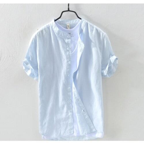 New style cotton linen sky blue shirt men brand fashion stand collar shirt mens summer comfortable shirts dropshipping camisa