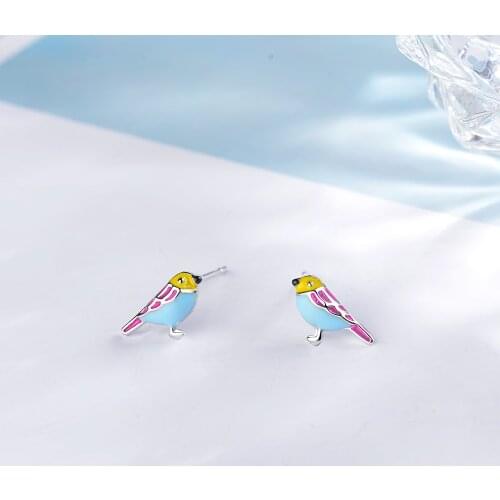 925 Sterling Silver Cute Little Glazed Bird Stud Earrings For Women Girl Gift Jewelry Wholesale S-E723