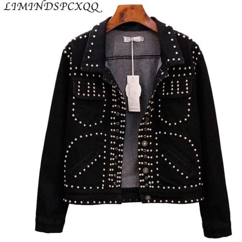 Spring Autumn Womens Harajuku Black bomber Denim Jacket Coat Rivet Jean Jackets Students Basic Coats Outfit chaqueta mujer