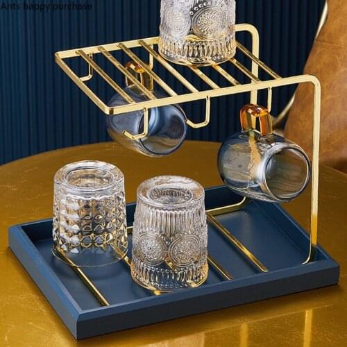 Cup Storage Rack Shelf Metal Cup Holder Double Layer Drain Rack Wooden Storage Tray Home Decorative Racks Cup Tumbler Holders
