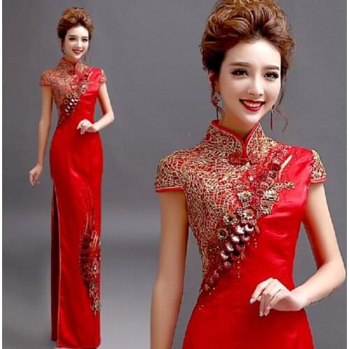 Vintage Chinese Style Cheongsam Wedding Dress Womens Long Gown Qipao Party Evening Dress Retro Clothes Vestido
