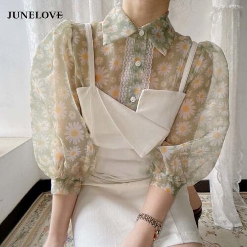 Bella Philosophy Floral Printed Mesh Women Blouse Shirts Vintage Puff Sleeve Turn Down Collar Boho Tops Causal Blusas Mujer