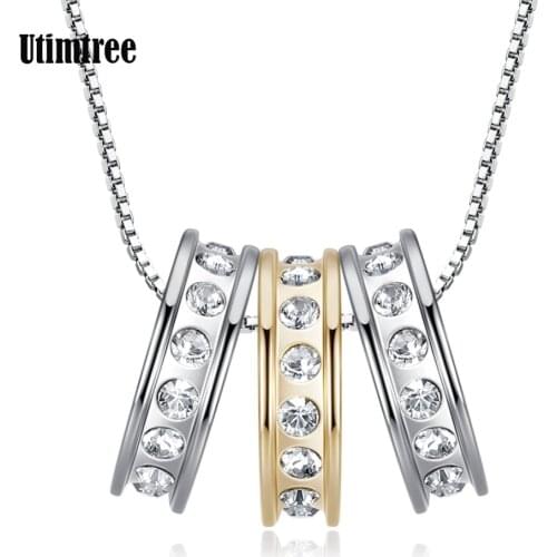 Utimtree Top Quality Zircon Silver Chain Pendants Necklaces For Women Three Circle Statement Necklace Jewelry Collier Femme Gift