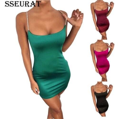 SSEURAT Women Summer Dress Women 2021 New Arrivals Sexy Diamonds Spaghetti Strap Bodycon Solid Party Dresses Vestidos