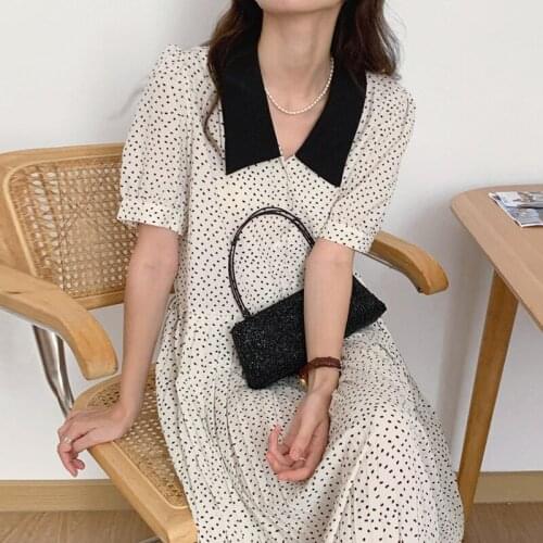 Korean Chic Niche Design Doll Collar Color Matching Three-Button Loose Small Polka Dot Pleated Dress Long Skirt Female