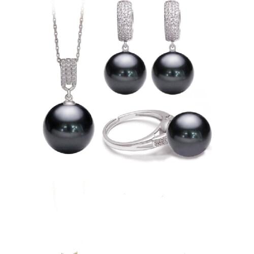 12mmNatural Deep Sea Shell Beads Pearl Earrings Necklace Ring Female Three-piece Set 18k Gold Plated 925 Silver Needle with