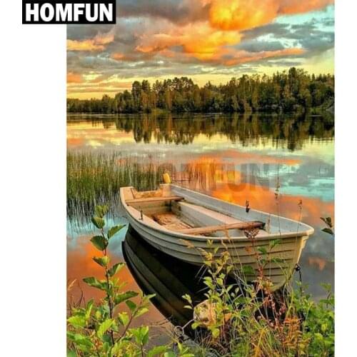HOMFUN Full Square/Round Drill 5D DIY Diamond Painting "sunset lake boat" 3D Embroidery Cross Stitch 5D Decor Gift A00412