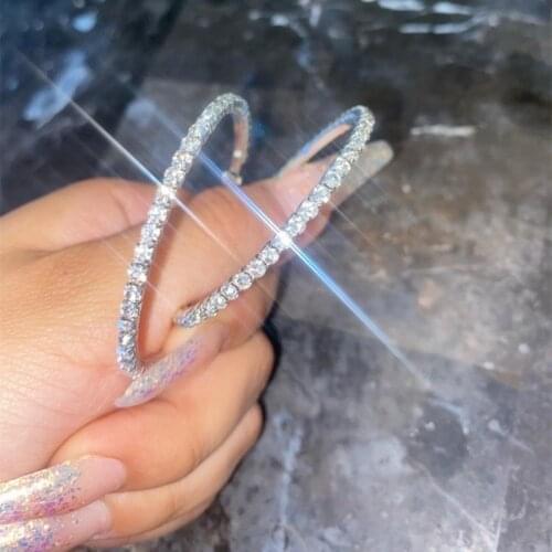 20-60mm Large Circle Crystal Hoop Earrings for Women Silver Color Fashion Round Shiny CZ Big Earring Jewelry Party Gift